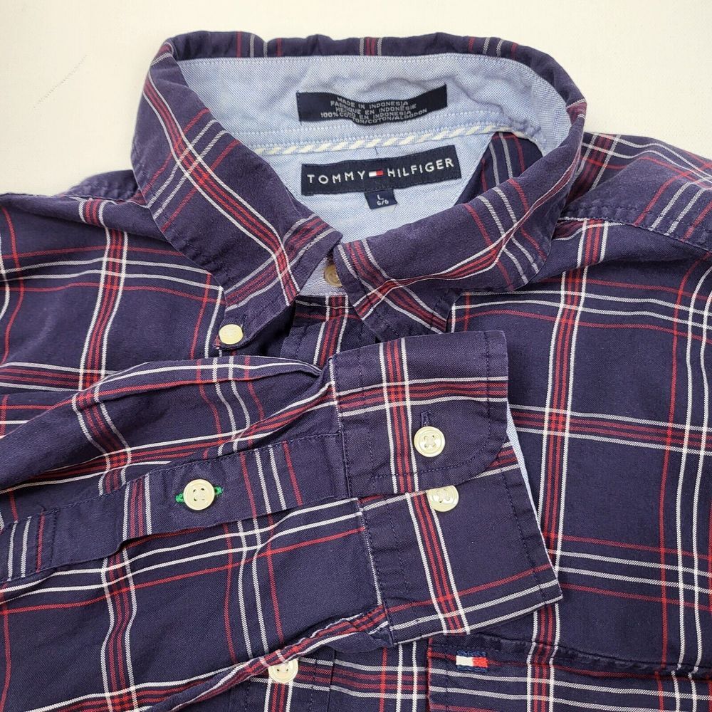 Tommy Hilfiger Men's Plaid Button Down Shirt Navy Red Casual Long Sleeve Large